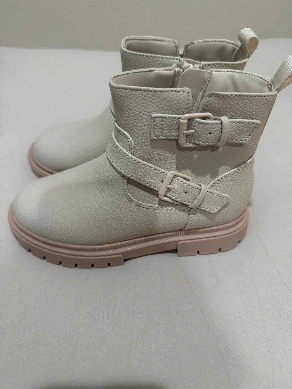 Cat & Jack kids Cream Ankle Boots with Pink Sole and Buckle Detail